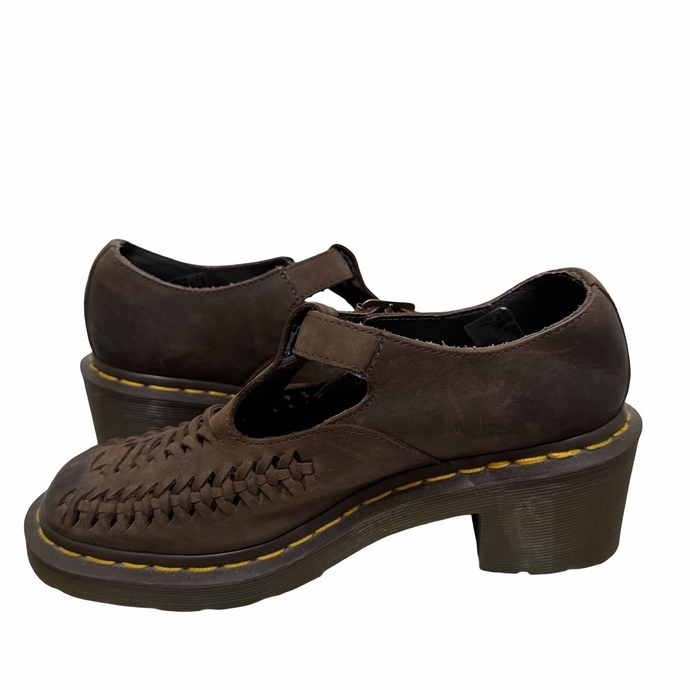 Dr Martens Womens Mindy Woven Vamp T-Bar Mary Jane Shoes US 6 Chunky Heel Brown - Picture 8 of 13